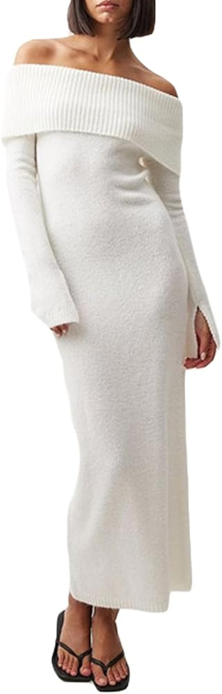 Women's Off The Shoulder Bodycon Sweater Dress Long Sleeve Elegant Ribbed Cocktail Formal Fall Kn... | Amazon (US)