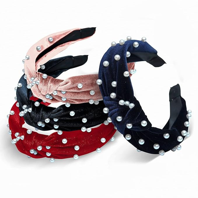 Hifari Knotted Pearl Headband - Pack of 4 Velvet Headbands for Women - Elegant, Beaded Headbands ... | Amazon (US)
