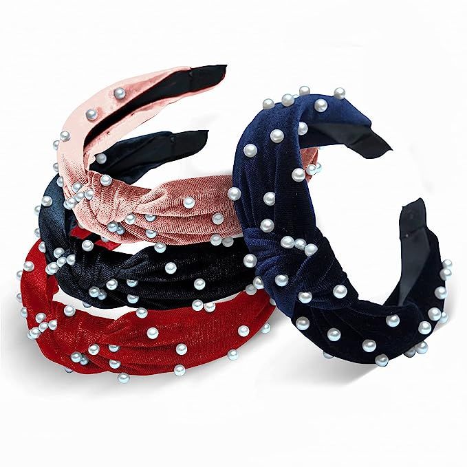 Hifari Knotted Pearl Headband - Pack of 4 Velvet Headbands for Women - Elegant, Beaded Headbands ... | Amazon (US)