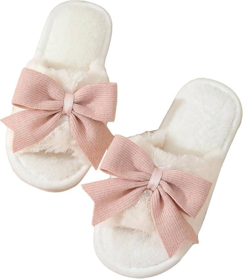 Verdusa Women's Cute Bow Fuzzy Open Toe Indoor Home Slippers Furry Outdoor Slippers | Amazon (US)