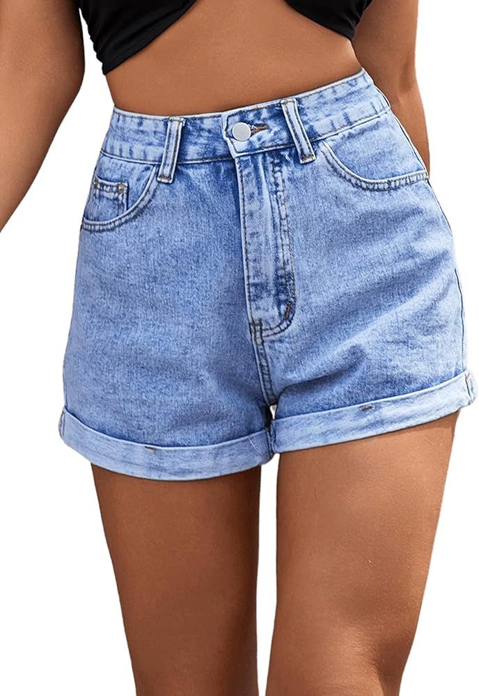 SweatyRocks Women's High Rise Roll Up Hem Straight Leg Denim Jean Shorts with Pocket | Amazon (US)