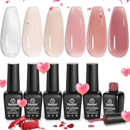 Beetles Gel Nail Polish Kit with Uv Light Starter Kit 6 Colors Snow White Soft Pink Nude Gel with Base Gel Top Coat Cuticle Oils Nail Accessories for Girls Women Pink Valentine Gel Polish Set Diy | Amazon (US)