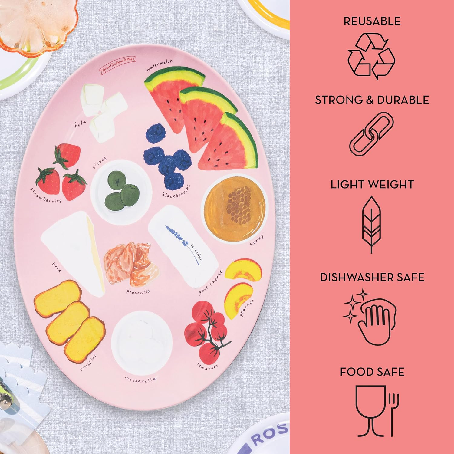 Melamine Serving Tray by Meg Quinn – Pink Serving Platter for Summer with Placement Guide. Dish... | Amazon (US)