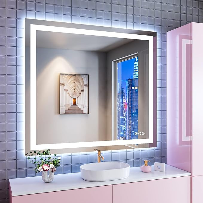Amorho LED Bathroom Mirror 40''x 36'' with Front and Backlit, Stepless Dimmable Wall Mirrors with... | Amazon (US)