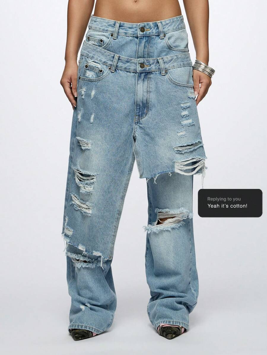 SUMWON WOMEN Wide Leg Distressed Jeans Y2K Fashion Double Waistband Ripped Boyfriend Style Raw He... | SHEIN