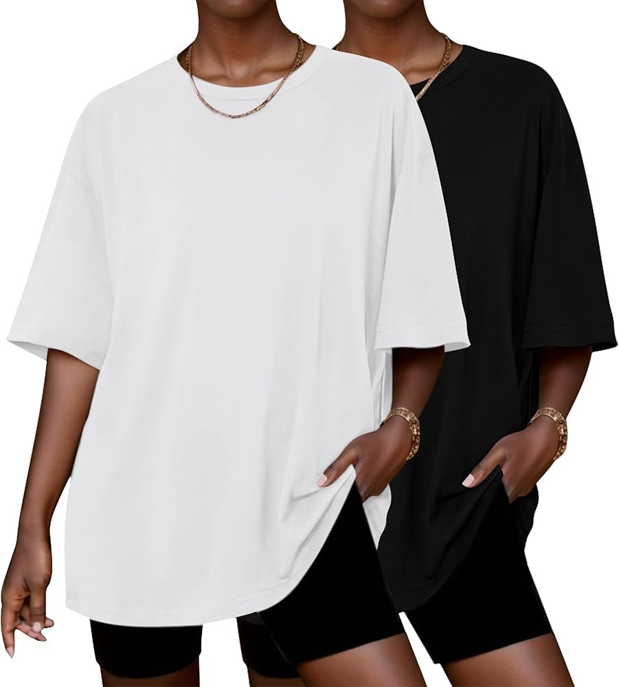 Ekouaer 2 Pack Womens Tops Short Sleeve Oversized T Shirts Summer Spring Tops 2025 Basic Casual T... | Amazon (US)