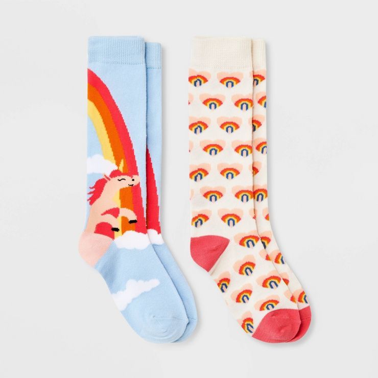 Girls' 2pk Unicorn Knee High Socks - Cat & Jack™ Light Blue | Target