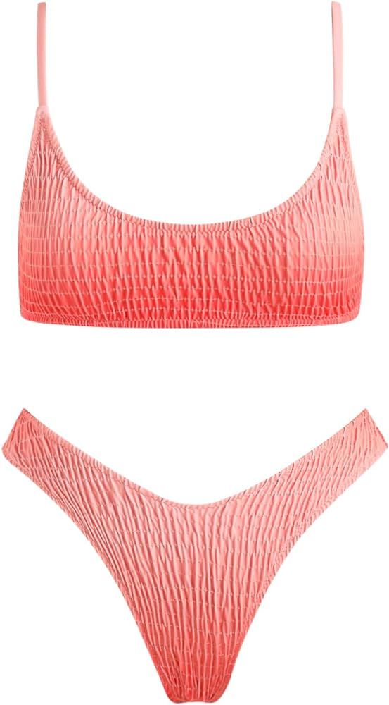 VOLAFA Women's Triangle Bikini Smocked Textured Scoop Frilled Print Ruched Elastic Swimsuit Two P... | Amazon (US)