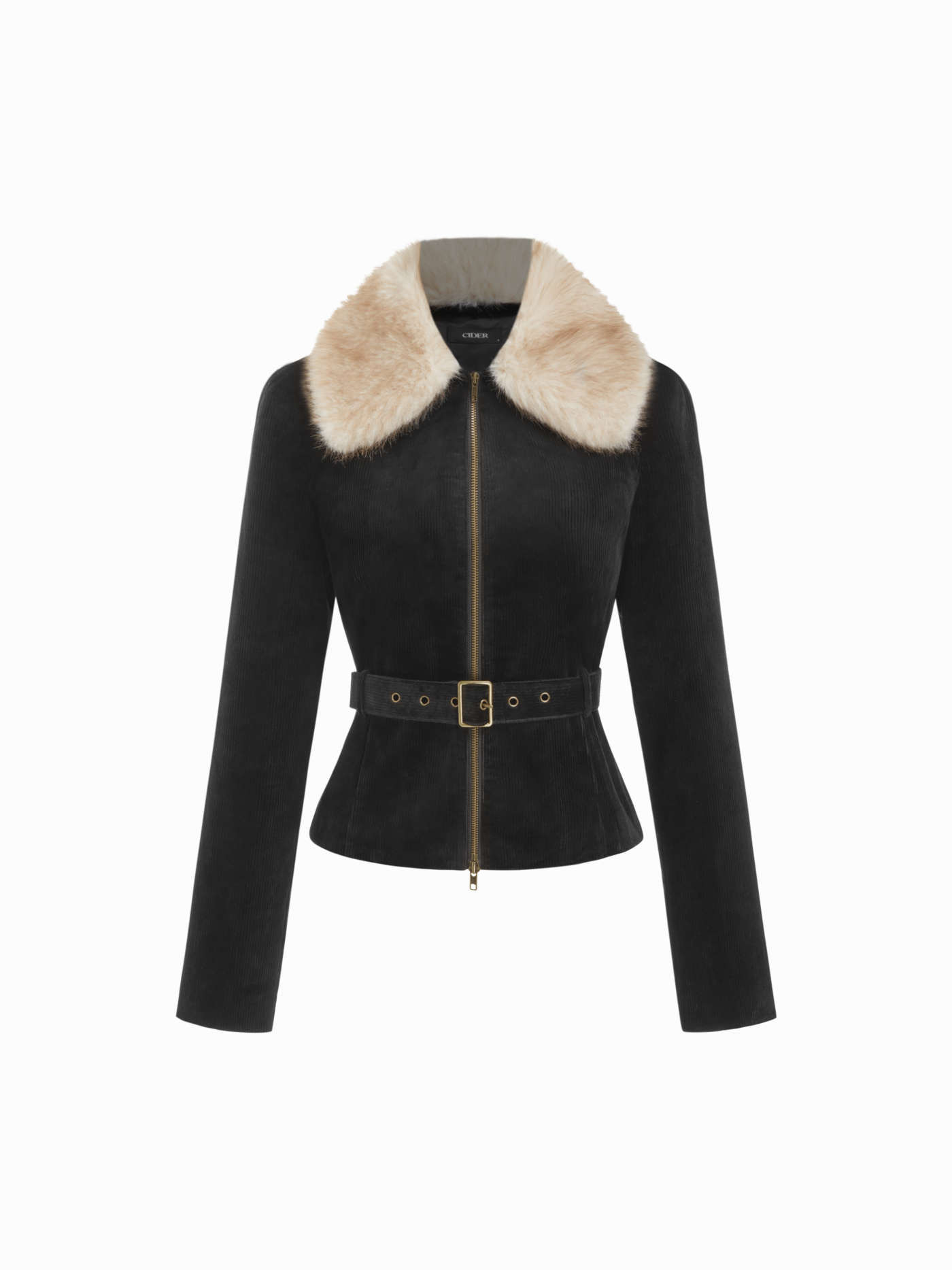Corduroy Faux Fur Trim Collar Jacket With Belt | Cider