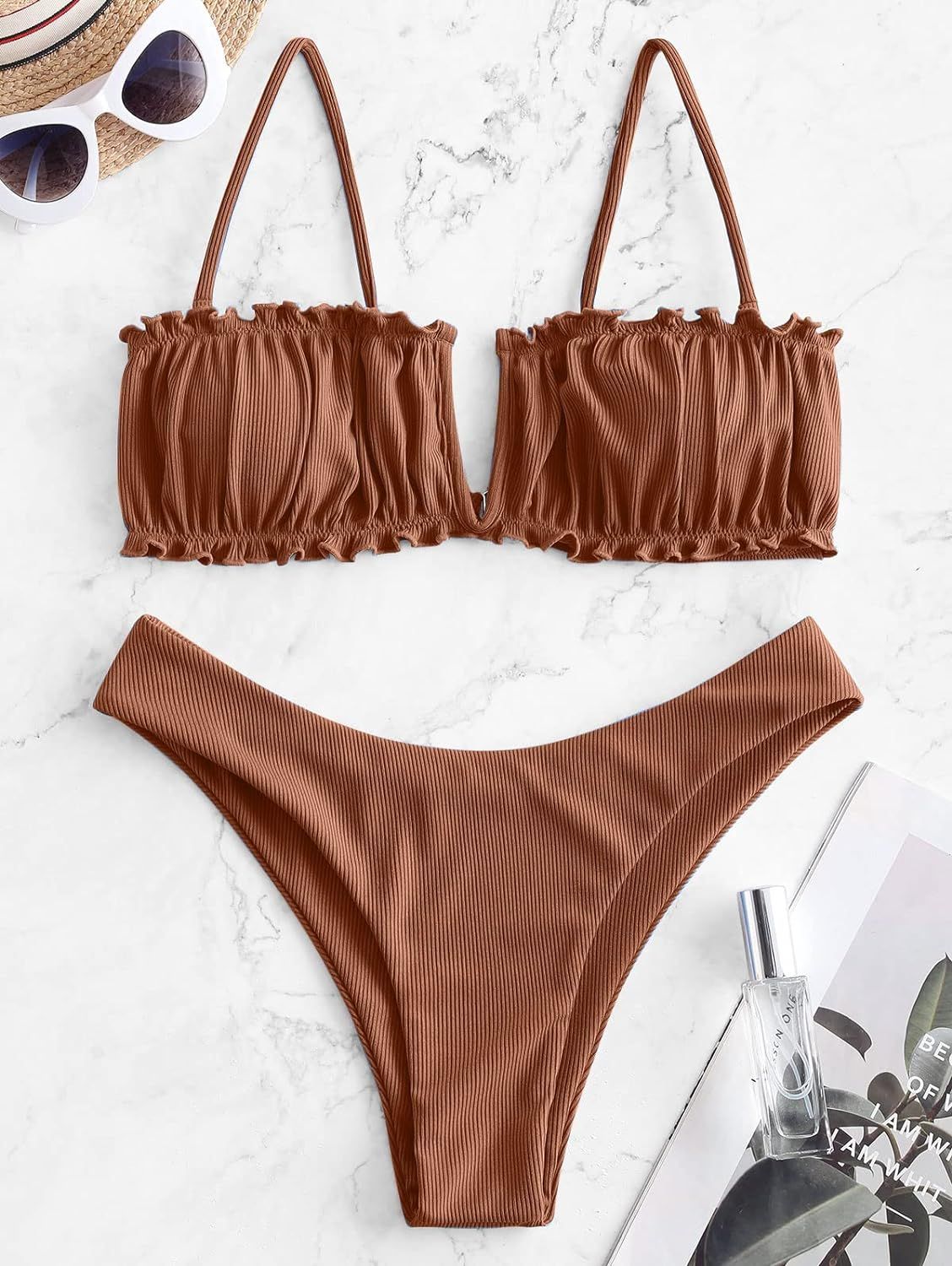 ZAFUL Women's Bikini Set V-Wired Ruffle Ribbed High Cut V-Notch Swimwear | Amazon (US)
