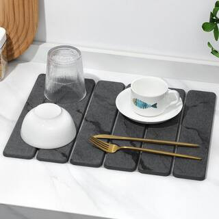 Dark Gray Stone Dish Drying Mat Set, Marbled Diatomaceous Earth Mat, Water Absorbing Pad for Countertop Bottles Utensils | The Home Depot