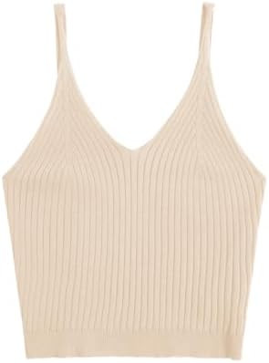 SweatyRocks Women's V Neck Crop Cami Top Ribbed Knit Spaghetti Strap Sleeveless Vest | Amazon (US)