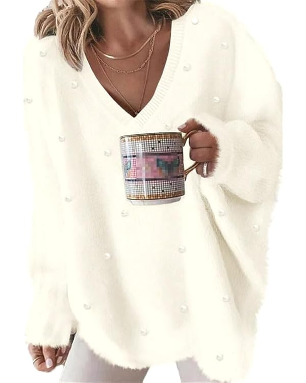 Women’s Oversized V-Neck Sweaters Long Sleeve Fuzzy Knit Warm 2025 Pullover Sweater Top | Amazon (US)