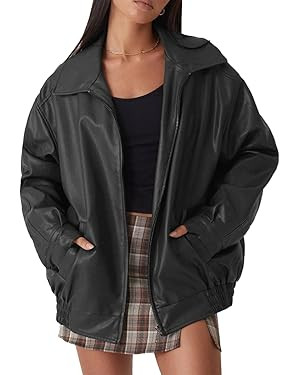 Womens Oversized Faux Leather Motocycle Jacket Zip Up Outwear Coat with Pockets | Amazon (US)