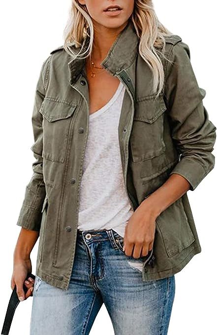 CA Mode Women's Army Green Stand Collar Jackets Zipper Closure Outerwear with Four Pockets | Amazon (US)