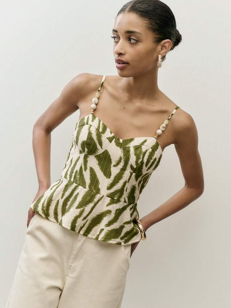 N\u00f6ista Peplum Hem Top Featuring A Green And White Leaf Print. With Cups And Adjustable Spagh... | SHEIN