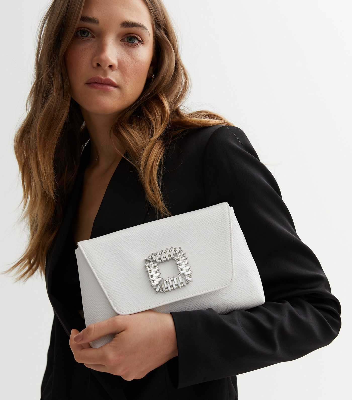 White Faux Snake Diamanté Gem Broach Chain Clutch Bag
						
						Add to Saved Items
						Remo... | New Look (UK)
