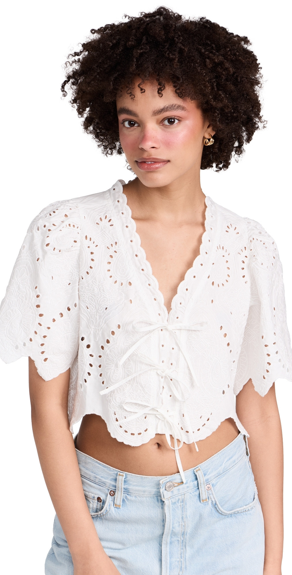 Moon River Puff Sleeve Eyelet Top With Front Ties Ivory M | Shopbop