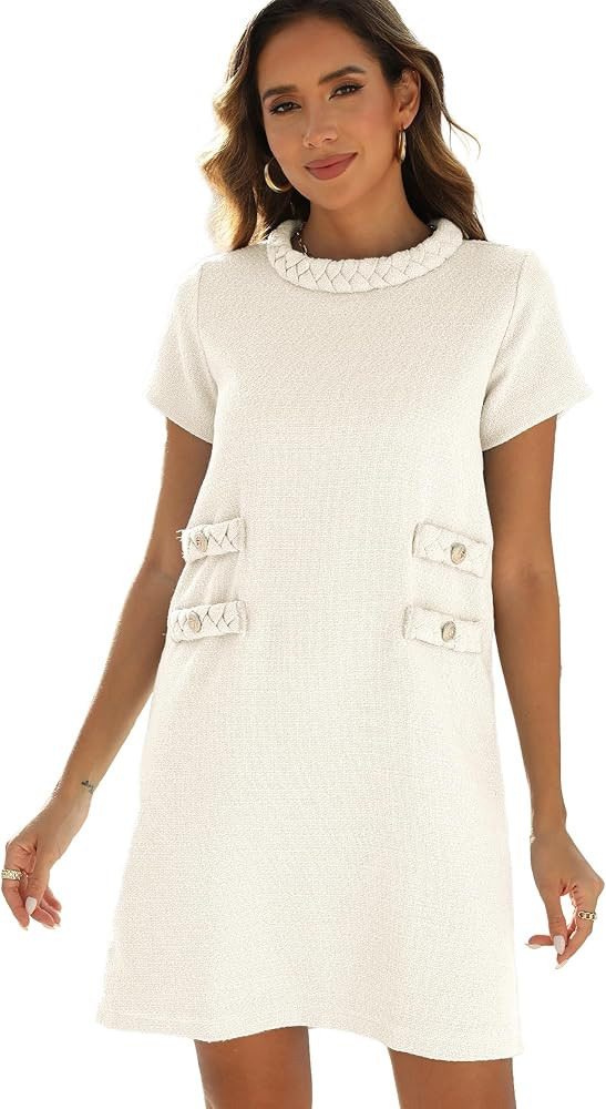 Hixiaohe Womens Elegant Tweed Dress Short Sleeve Crew Neck A-line Bodycon Mini Skirt Party Busine... | Amazon (US)
