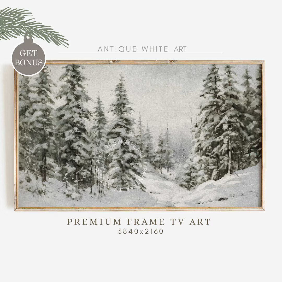 Winter Forest Painting Samsung Frame TV Art, Snowy Pine Trees Art for TV, Vintage Winter Landscap... | Etsy (US)