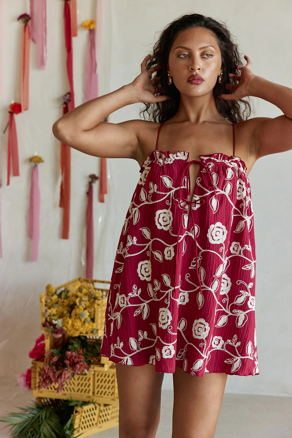 Red Embroidered Dahlia Print Babydoll Mini Evelia Dress | Sabo Skirt US
