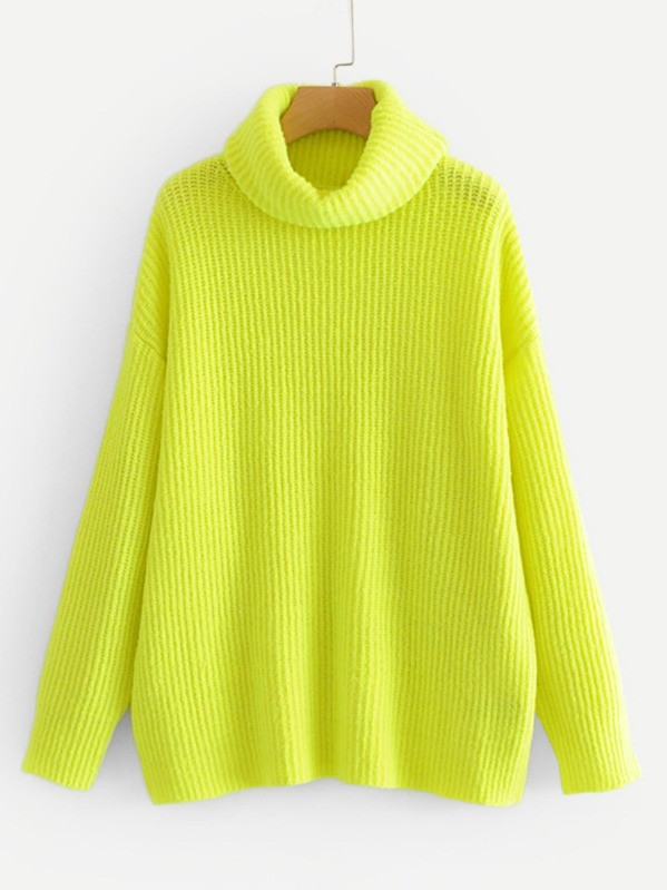 Neon Lime Turtleneck Drop Shoulder Jumper | SHEIN