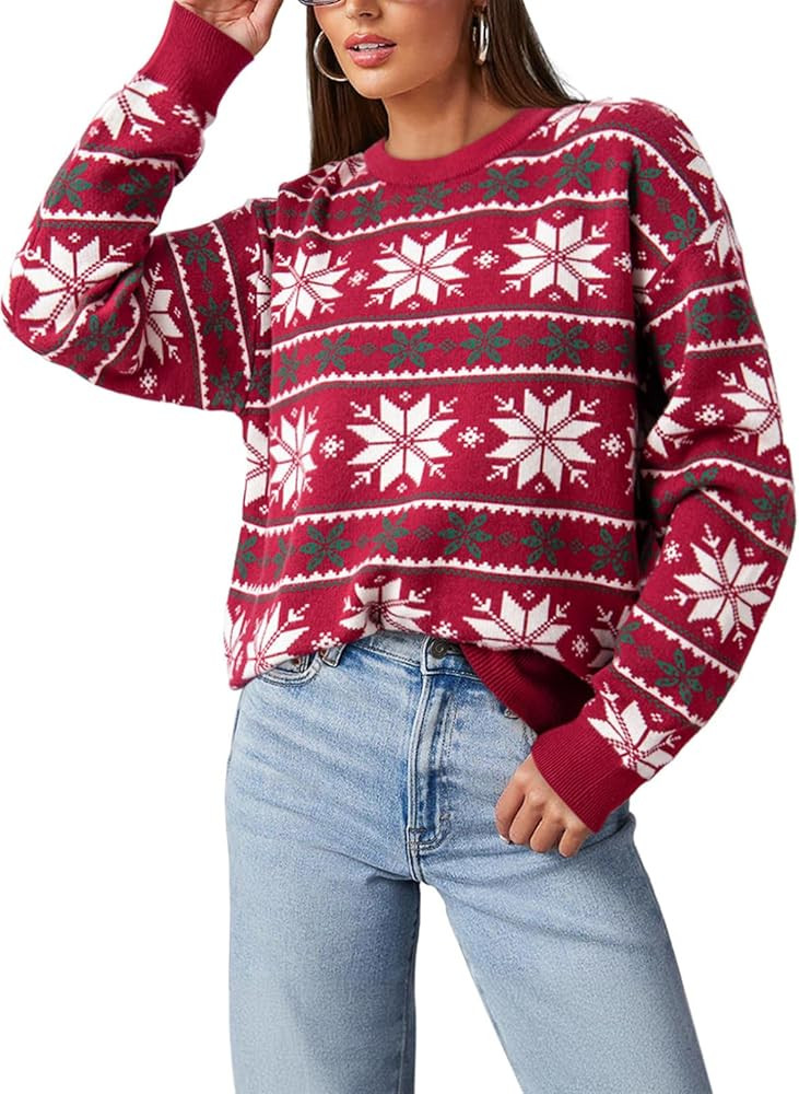 Dokotoo Sweaters for Women Casual Crewneck Long Sleeve Floral Print Cable Knit Pullover Sweater T... | Amazon (US)