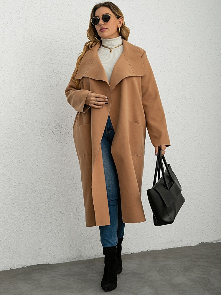 Plus Waterfall Collar Double Pocket Overcoat | SHEIN