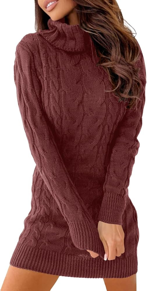 Womens Cable Knit Sweater Dress Sexy Long Sleeve Bodycon Turtleneck Mini Fall Sweaters Dresses | Amazon (US)