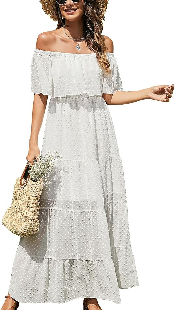 KIRUNDO 2021 Summer Women’s Off Shoulder Maxi Dress Polka Dots Short Sleeves High Waist Pleated... | Amazon (US)