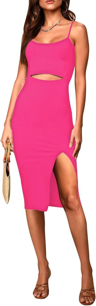 Pink Queen Women's Summer Spaghetti Strap Cutout Side Slit Ribbed Knee Length Bodycon Midi Dress | Amazon (US)