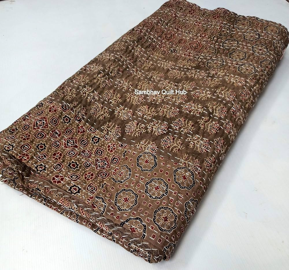 Brown Ajrakh Hippie Queen Kantha Quilt Handmade Bohemain Bedspread King Size Vegetable Dye Kantha... | Amazon (US)