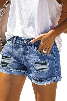 Women's Casual Ripped Jean Shorts Mid Rise Distressed Denim Shorts | Amazon (US)