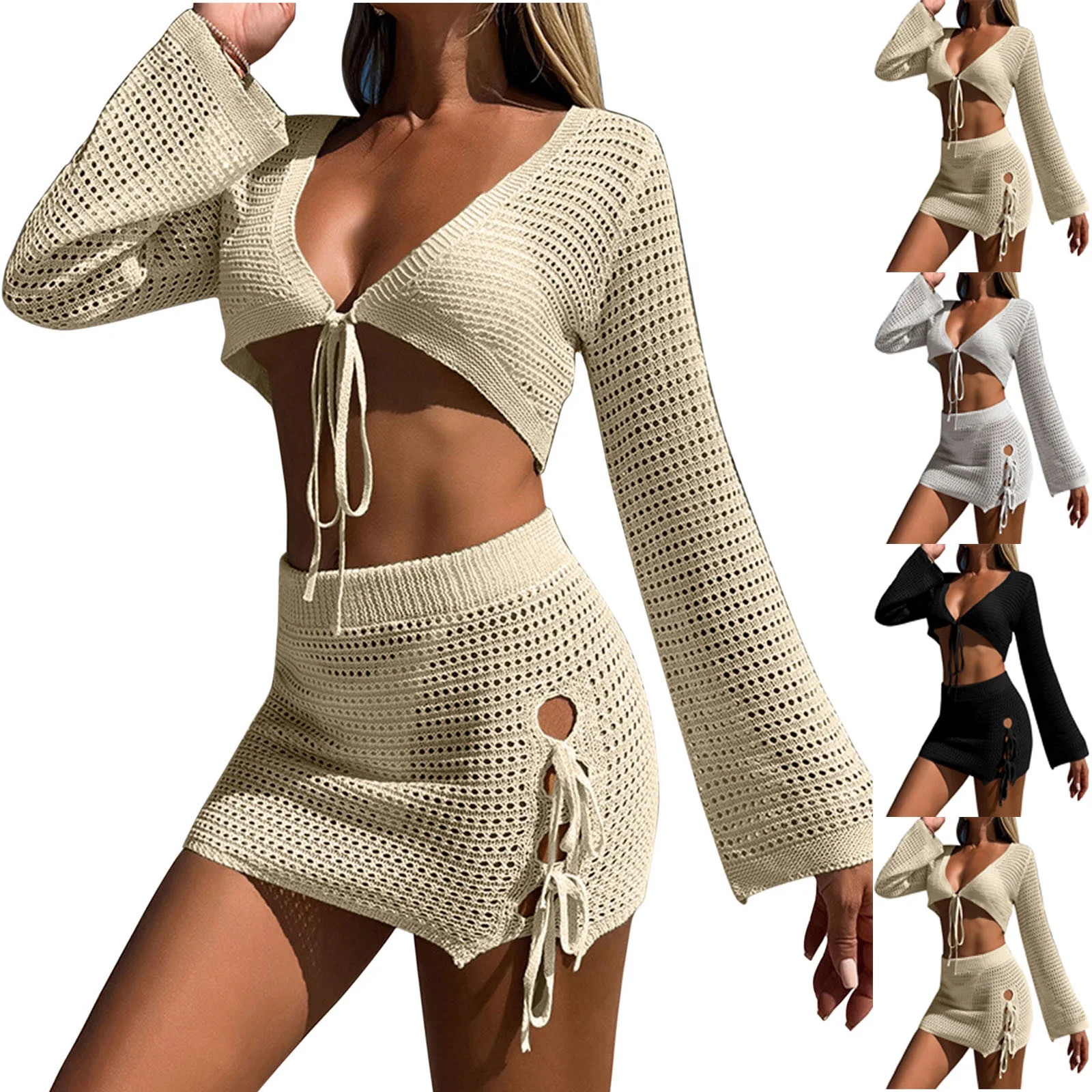 Miluxas Women Crochet Swimsuit Cover Up Set Long Sleeve Mini Skirts 2 Piece Summer Bathing Suit B... | Walmart (US)