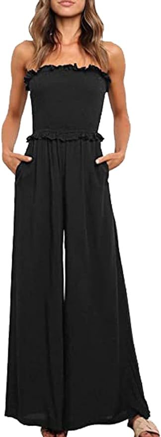 Happy Sailed Womens Frill Smocked Strapless Jumpsuits Wide Leg Long Pants Rompers with Pockets S-... | Amazon (US)