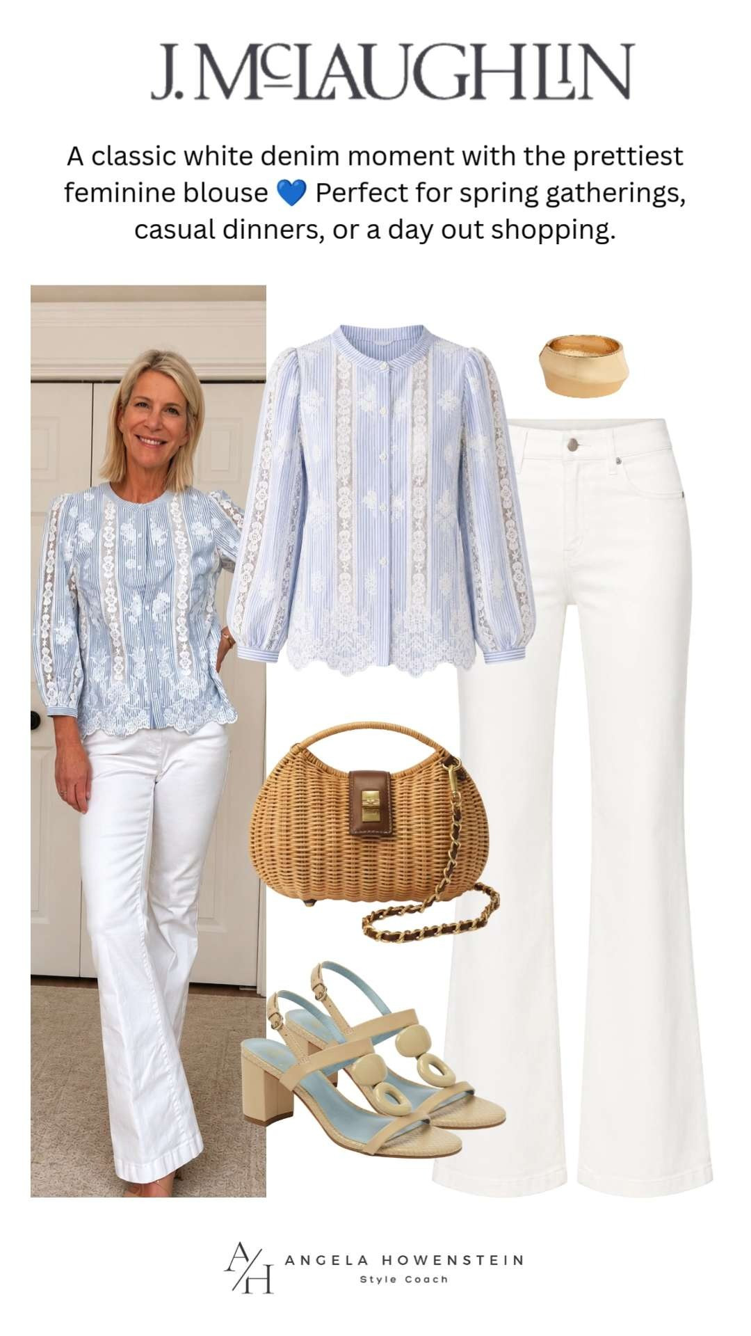White Denim and Feminine Blouse Outfit.  

 #LTKootd #LTKSeasonal #LTKOver40
