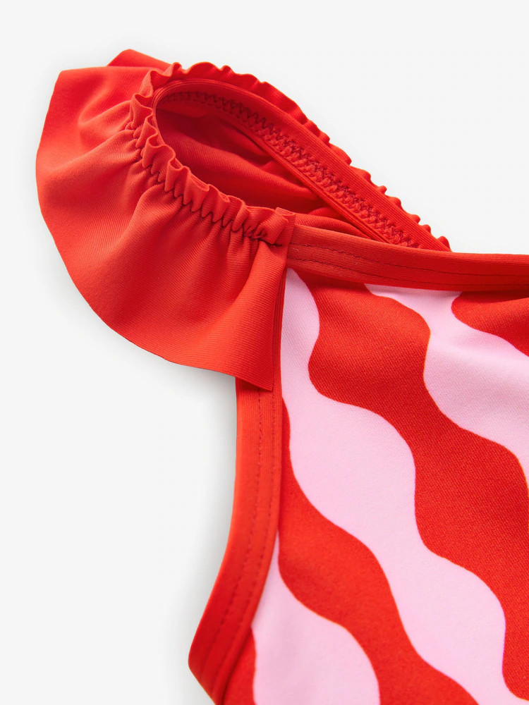 Eleanor Bowmer Red and Pink Frill Shoulder Wave Print Swimsuit | Next US