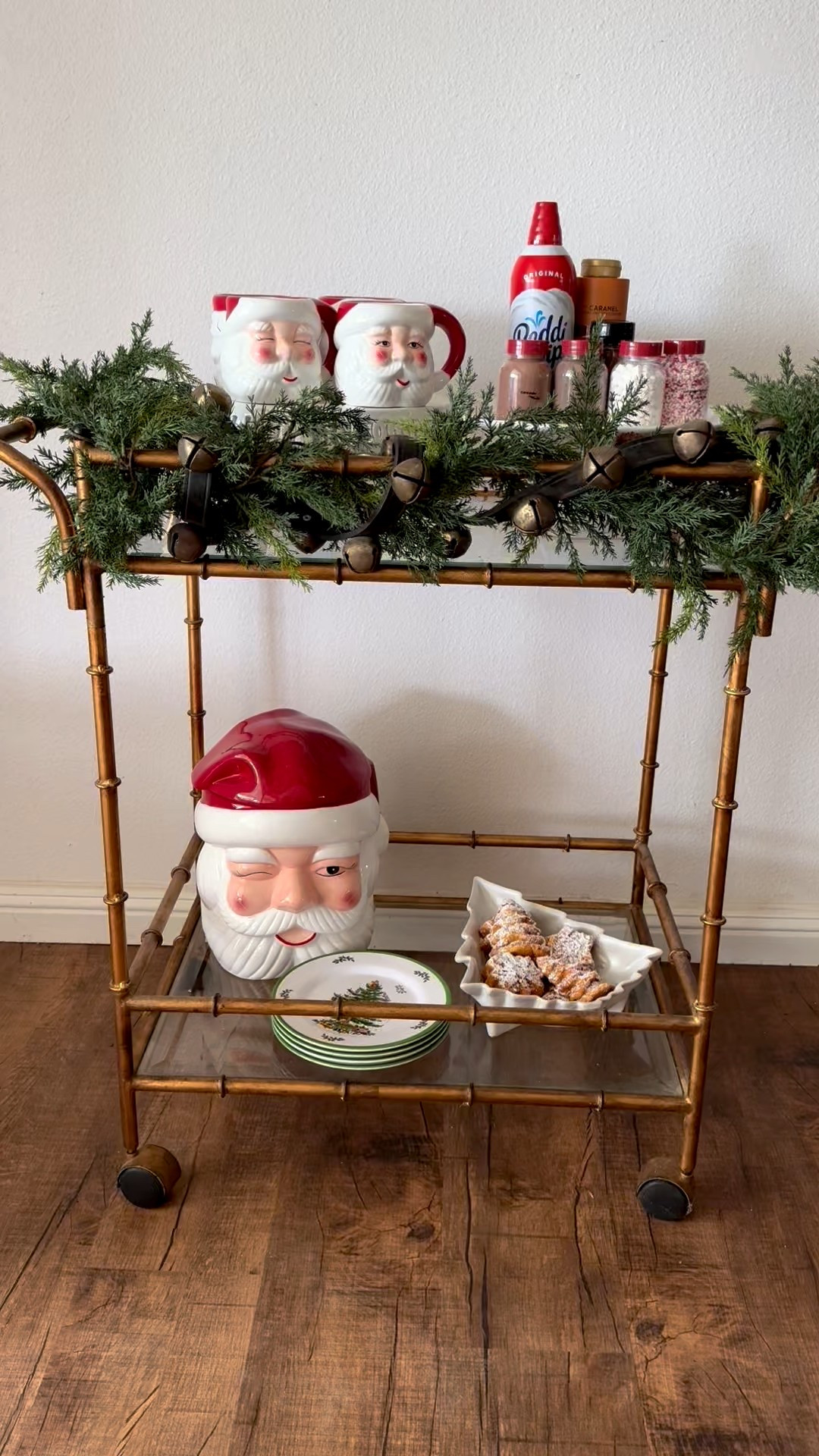Holiday hot cocoa bar cart with Santa mugs for your Christmas party or holiday party. 

#LTKParties #LTKHome #LTKHoliday