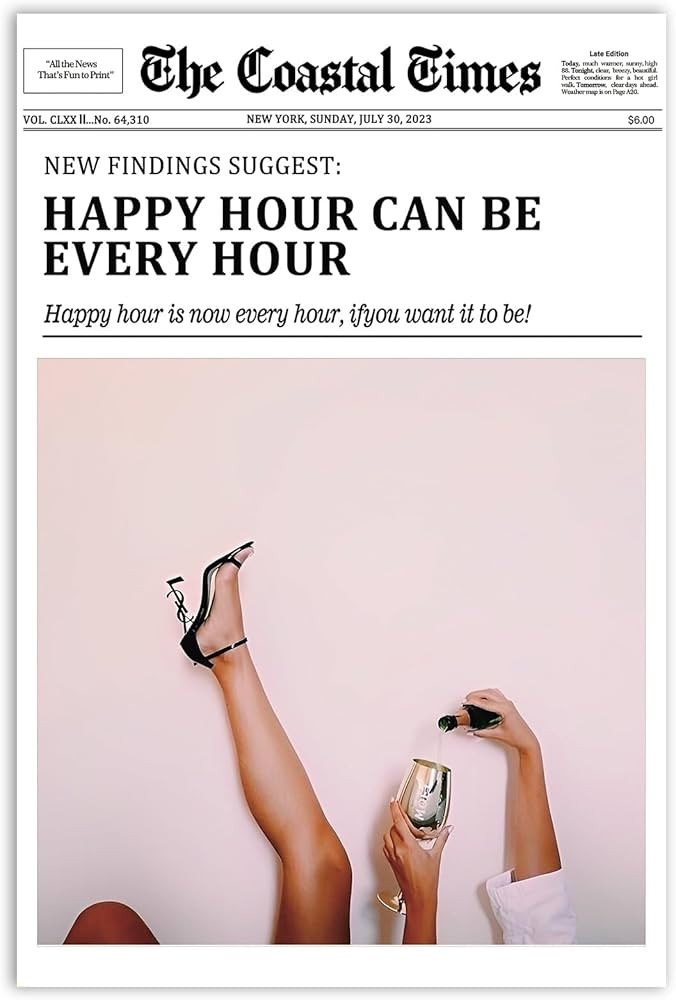 VOUHAN Trendy Preppy Champagne Canvas Wall Art, Retro Black and White The Happy Hour Newspaper Ae... | Amazon (US)