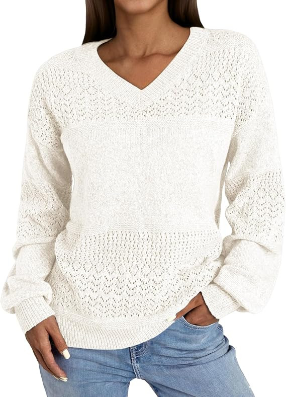 NORACORA Women's V Neck Sweaters Crochet Soft Lightweight Knit Loose Pullover Sweater Long Sleeve... | Amazon (US)