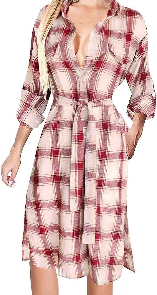 FANCYINN Women Long Sleeve Plaid Pattern Tunic Tops Shirt Casual Dress | Amazon (US)