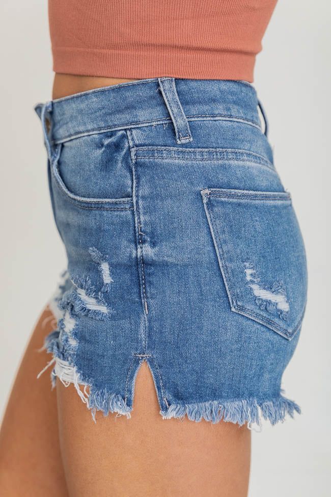 Forever On Time Medium Wash Distressed Denim Shorts | The Pink Lily Boutique