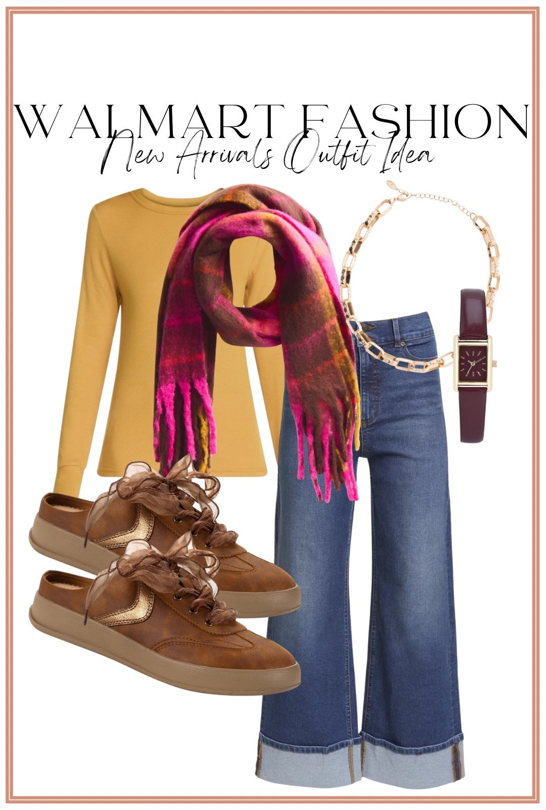 This Walmart fashion outfit is SO good! 😍 Loving this mustard long sleeve top styled with cuffed wide leg jeans and the prettiest plaid scarf for a fun pop of color. Add the brown sneakers with ribbon laces, a dainty gold necklace and watch for an easy casual outfit that still feels put together. These Walmart new arrivals are making affordable everyday style so easy! 👏🏼✨

#WalmartFashion #WalmartFinds #WalmartNewArrivals #WalmartStyle #WalmartOutfit #AffordableFashion #CasualOutfit #WideLegJeans #EverydayStyle #FallOutfitIdeas

#LTKootd #LTKPetite