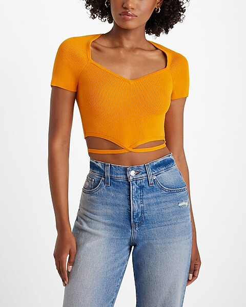 Fitted Ribbed Short Sleeve Strappy Tie Back Cropped Sweater | Express