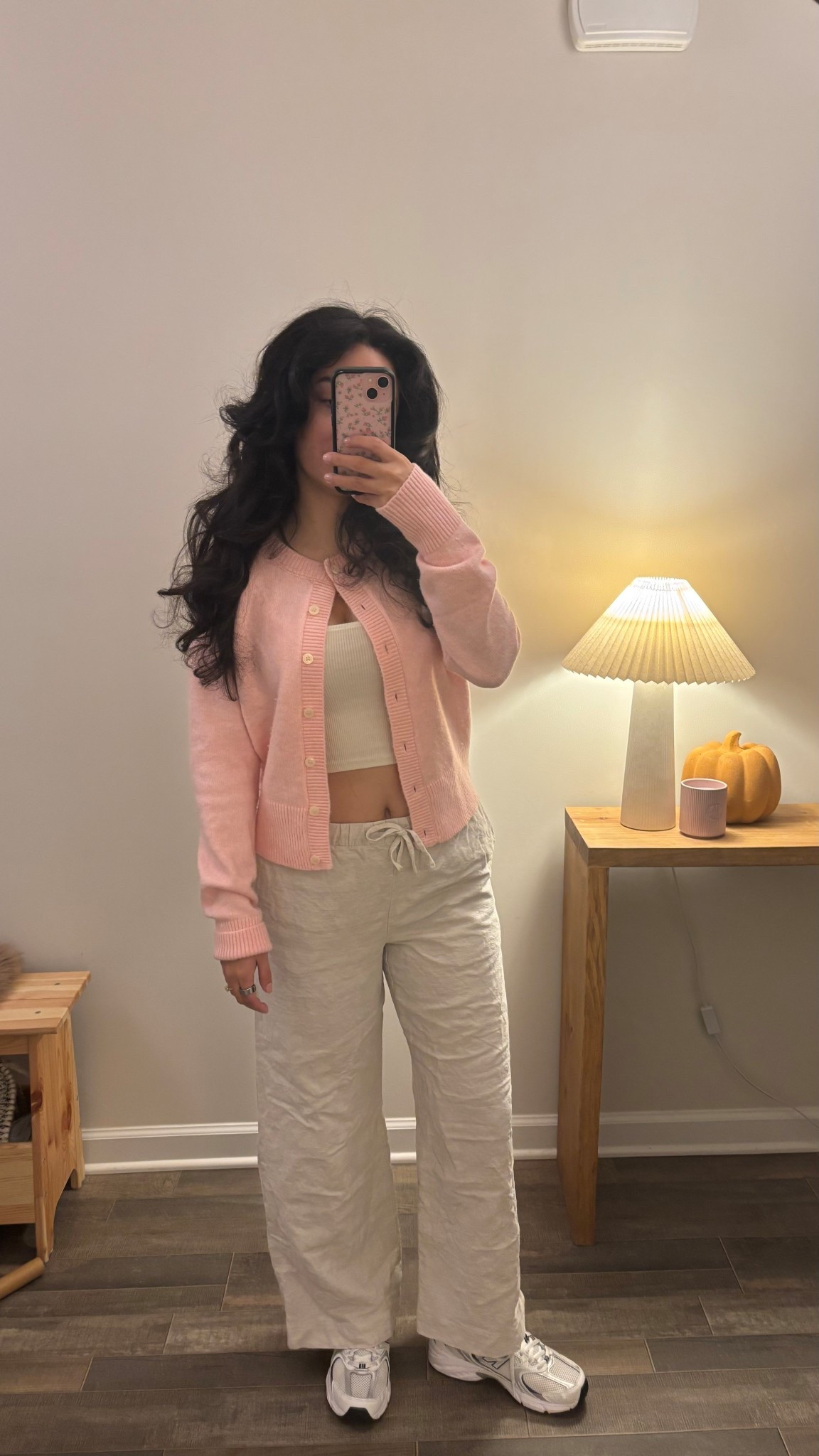 Aerie softest classic cardigan (s)
Aritzia lodge linen pants 
New Balance 530 sneakers
Skims ribbed crop tank