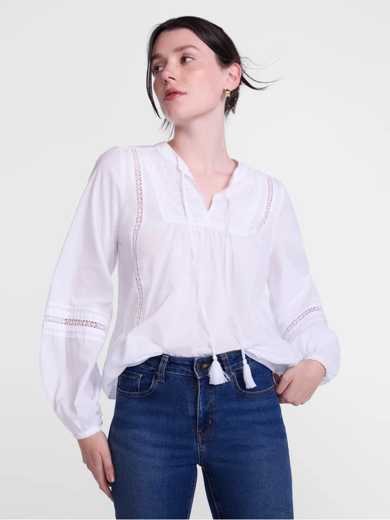 Scenario Women's and Women's Plus Embroidery Top with Lace Inserts, Sizes XS-4X | Walmart (US)