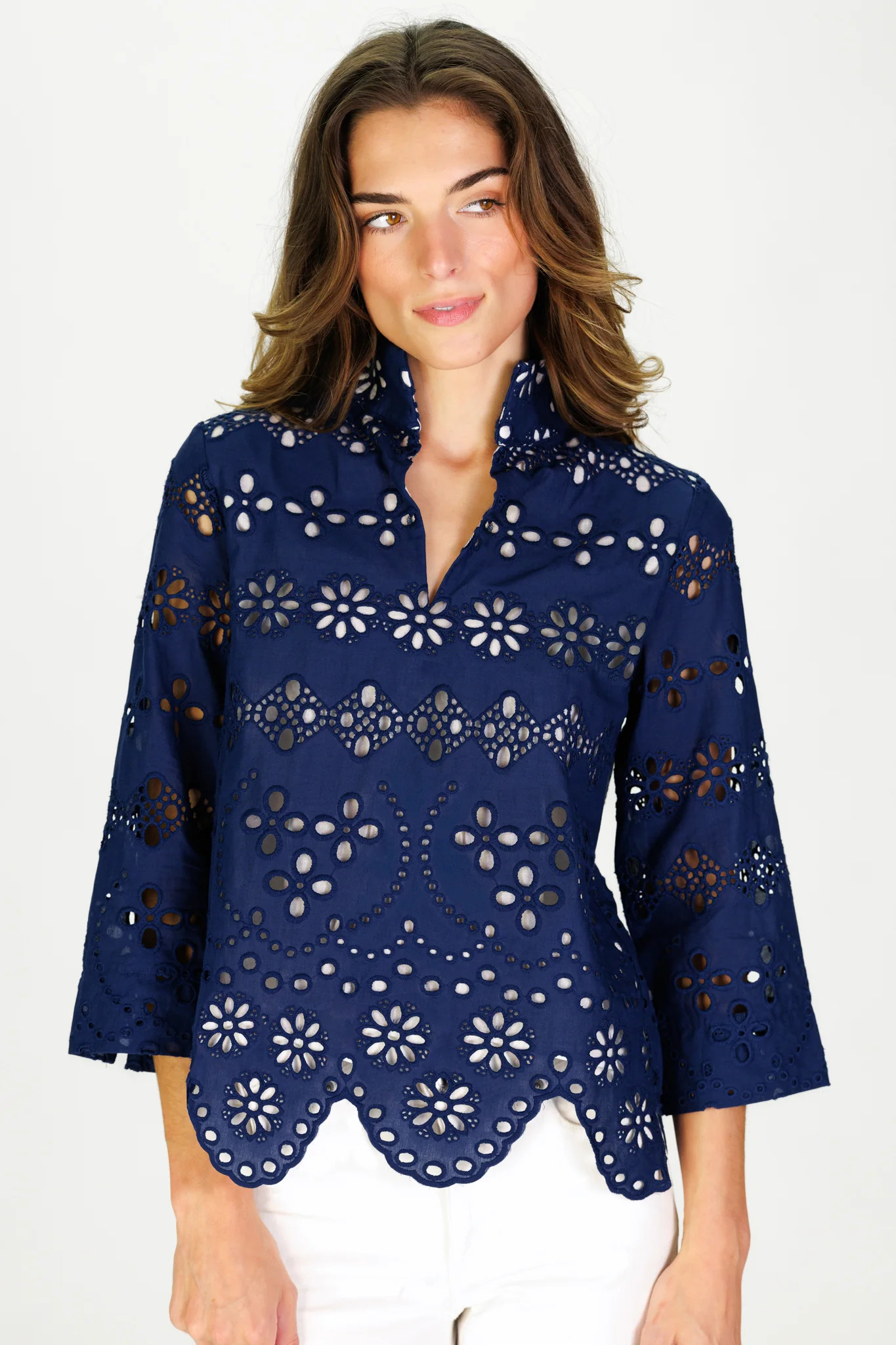 Henlee Eyelet Top in Navy Garden Eyelet | Duffield Lane