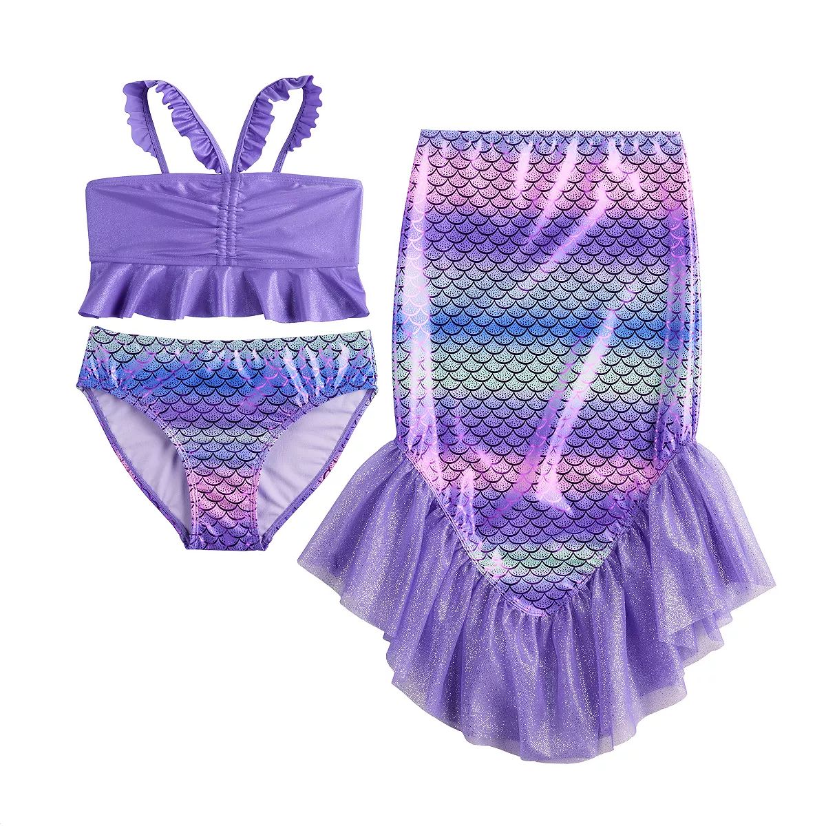 Girls 4-12 Breaking Waves 3-Piece Mermaid Bandeau, Bottom & Tail Cover-Up Swim Set | Kohl's