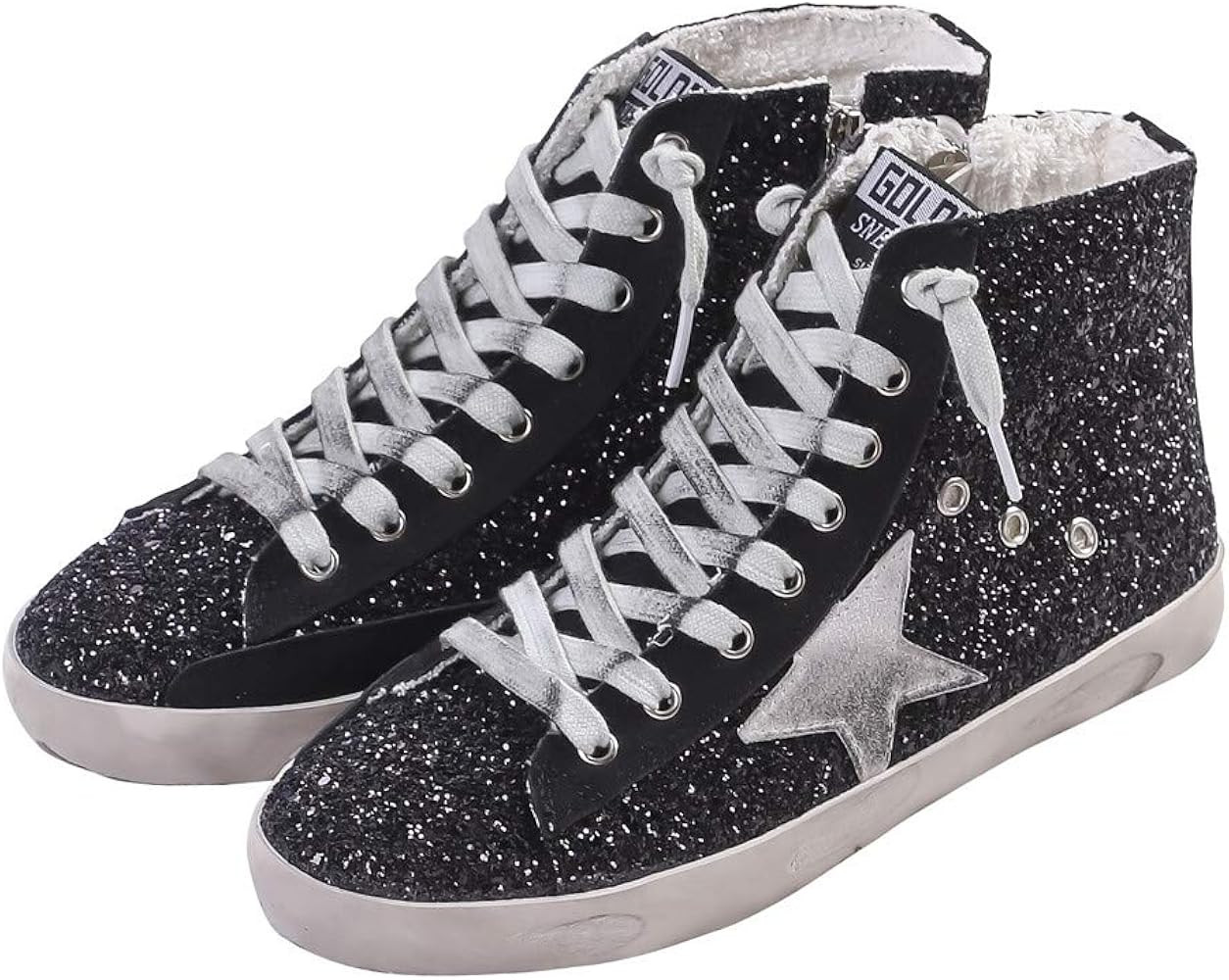 Adult Women's Flat High Top Glitter Fashion Sneakers Lace up Casual Fashion Star Shoes | Amazon (US)