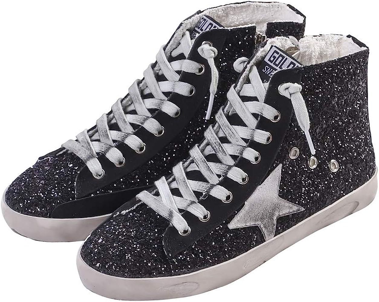 Adult Women's Flat High Top Glitter Fashion Sneakers Lace up Casual Fashion Star Shoes | Amazon (US)